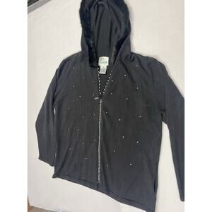 The Quacker Factory Black Velvet Rhinestone Accents Full Zip Sweater Size XL